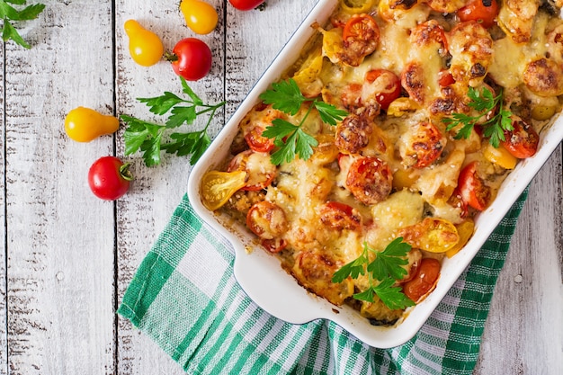 Free photo vegetarian vegetable casserole with zucchini, mushrooms and cherry tomatoes