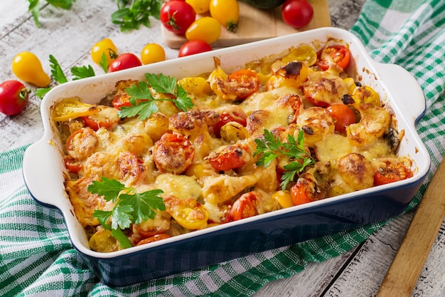 Free photo vegetarian vegetable casserole with zucchini, mushrooms and cherry tomatoes