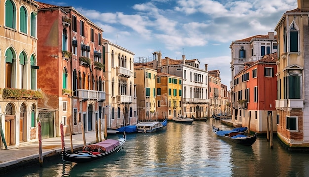 Venetian canal reflects vibrant architecture at dusk generated by AI