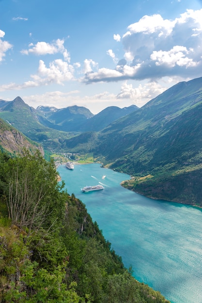 Vertical bird-eye shot fo the view of Geirangerfjord, Norway