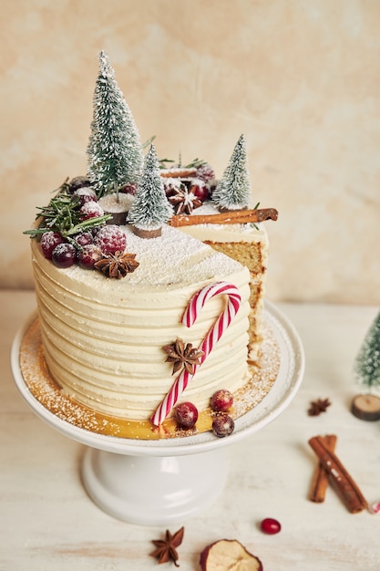 Free photo vertical closeup of a christmas cake missing one slice