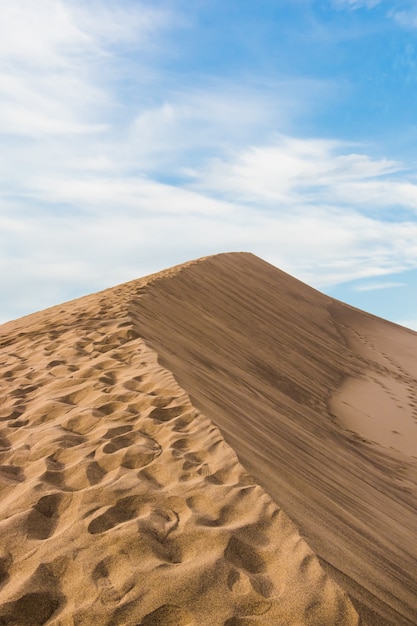 Vertical closeup shot of a beige sandy desert under a clear blue sky