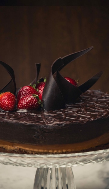 Free photo vertical closeup shot of a chocolate cake with strawberries on top