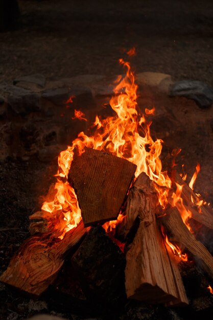 Vertical closeup view of a bonfire with a beautiful orange flame