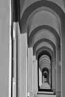 Free photo vertical grayscale shot of a long corridor with multiple arch-shaped columns