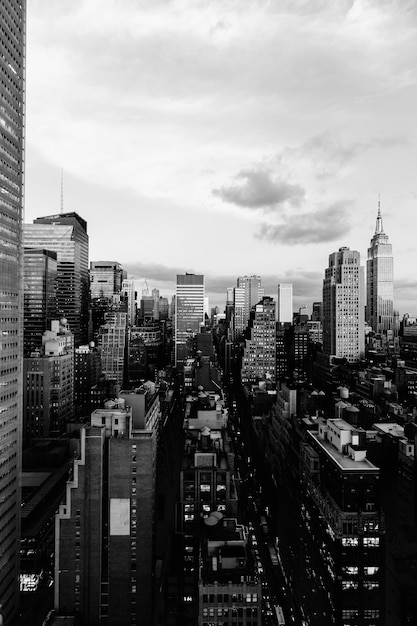 Free photo vertical grey scale shot of the buildings and skyscrapers in new york city, united states