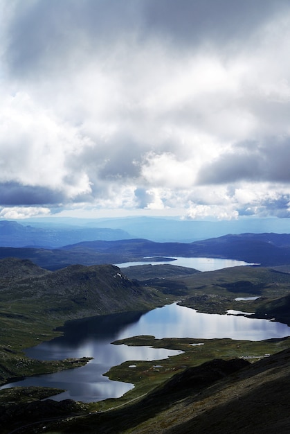 Vertical high angle view of a landscape with a river in the hills in Tuddal Gaustatoppen, Norway