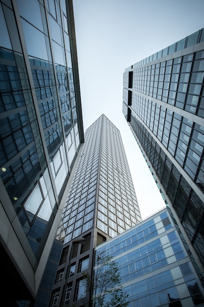 Vertical low angle shot of high rise skyscrapers in a glass facade in Frankfurt, Germany