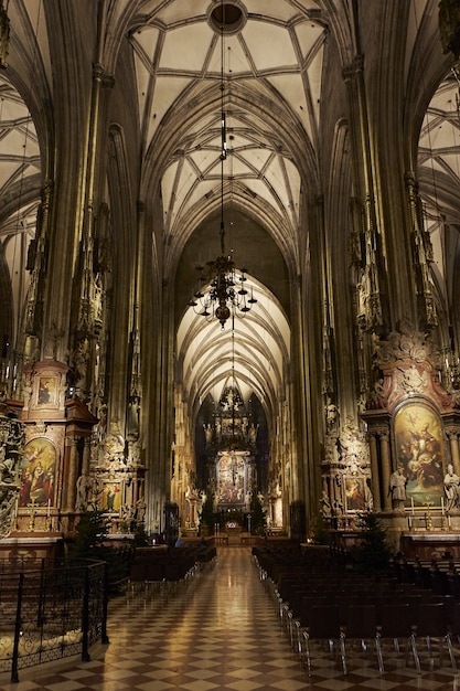 Vertical low angle shot of the interior of the St. Stephen's Cathedral in Vienna Austria