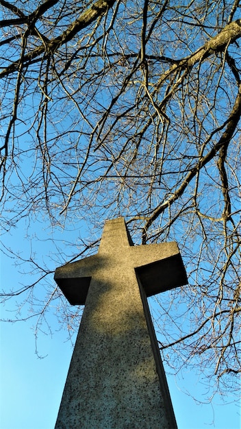 Free photo vertical low angle shot of stone made cross statue with branches and clear sky