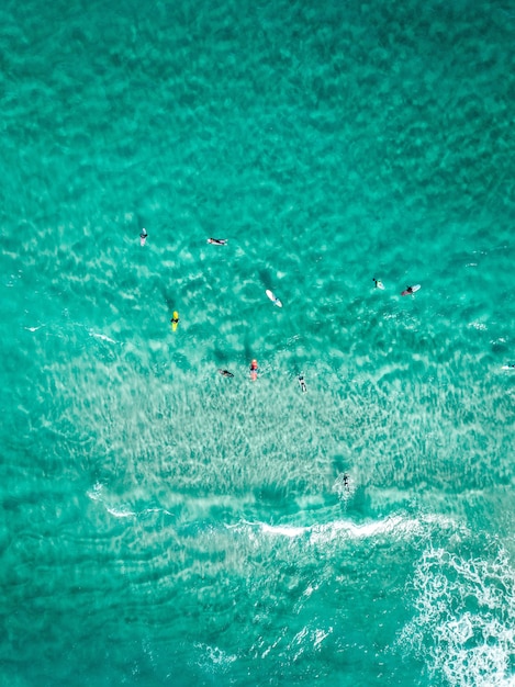 Vertical overhead shot surfers with surfboards on a clear blue sea