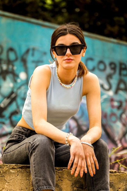 Vertical photo of cute lady sitting at the park and looking at the camera