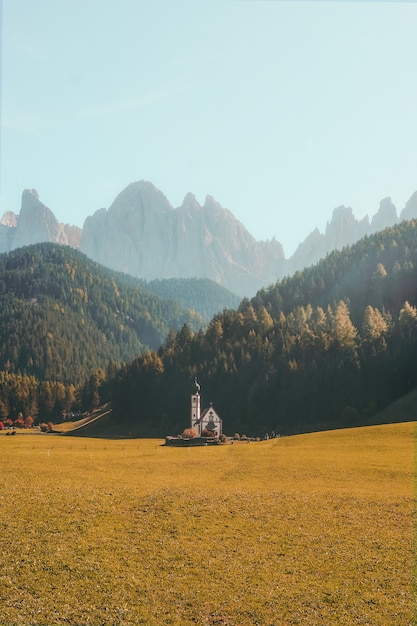 Free photo vertical shot of a beautiful building on a dry grassy field surrounded by forested mountains