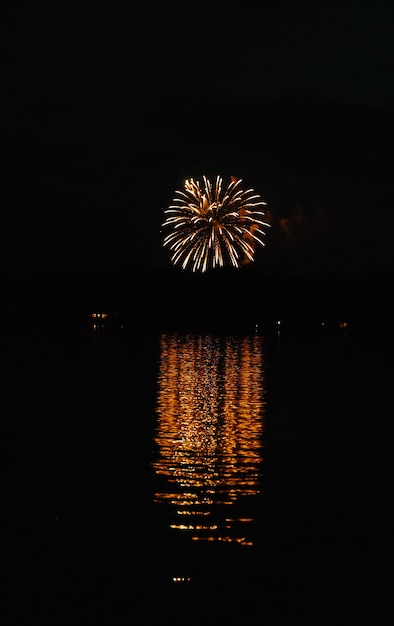 Vertical shot of beautiful large fireworks in the distance with reflection in the water