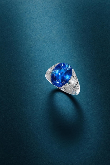 Vertical shot of a beautiful ring with a precious blue gem on a blue surface