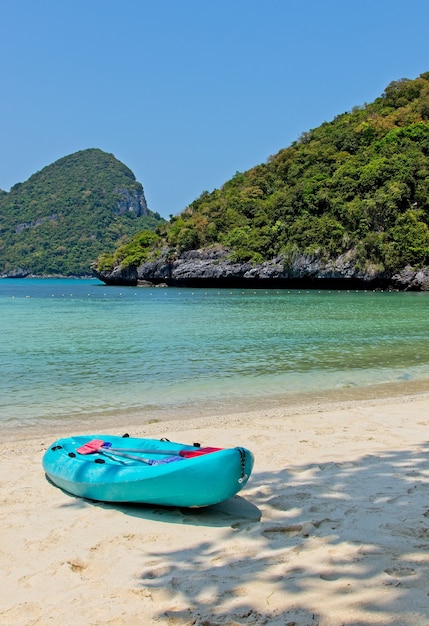 Vertical shot of a blue row boat on the beach by the beautiful ocean and the mountains