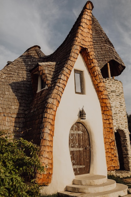 Vertical shot of the Castelul de Lut Valea Zanelor landmark in Porumbacu de Sus, Romaniaa