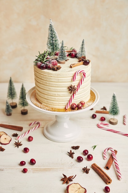 Free photo vertical shot of a christmas cake with berries and cinnamon and christmas decorations