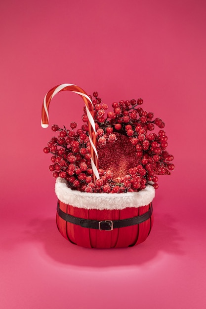 Vertical shot of decoration for Christmas with candy and toys