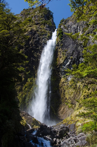 Vertical shot of the Devils Punchbowl, Arthur's Pass, New Zealand