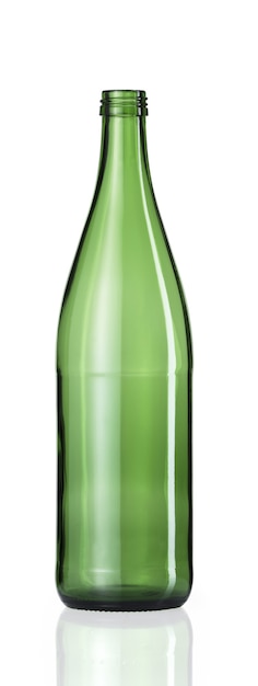 Free photo vertical shot of an empty green glass bottle with a reflection below