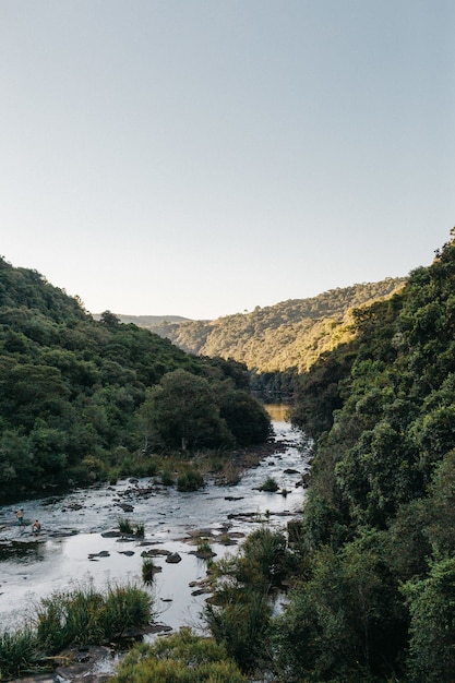 Vertical shot of a flowing river surrounded by mountains with a clear sky