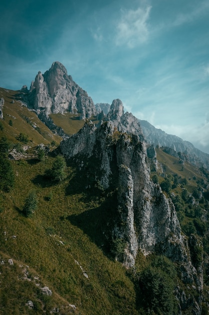 Free photo vertical shot of a grassy hill with trees near rocky cliffs and blue sky