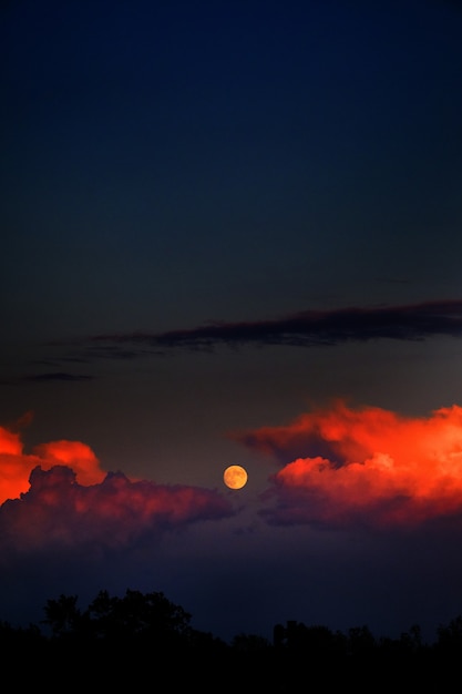 Vertical shot of the moon and fire clouds in the dark sky