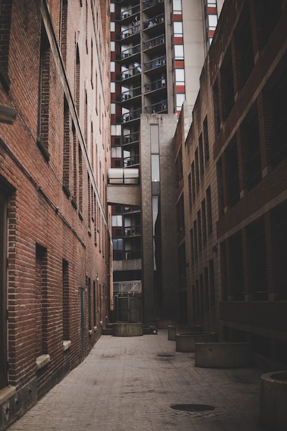 Free Photo vertical shot of a narrow alleyway between brick buildings and a high-rise building