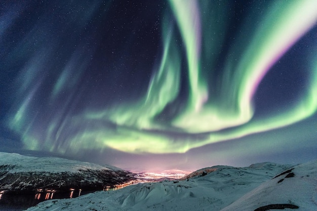 Vertical shot of a night winter landscape with Northern lights reflection on the river