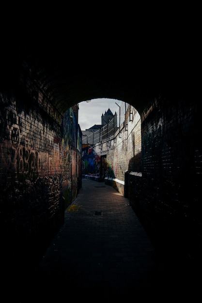 Vertical shot of a pathway in the middle of brick walls with graffiti on them