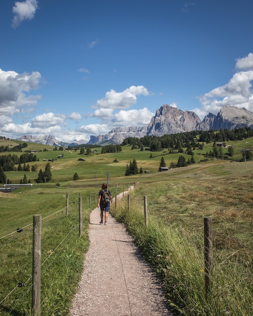 Free Photo vertical shot of a person walking on  a dirt path with the plattkofel mountain