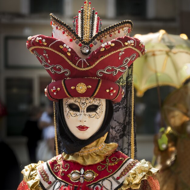 Vertical shot of a person wearing a Venetian carnival mask and clothing