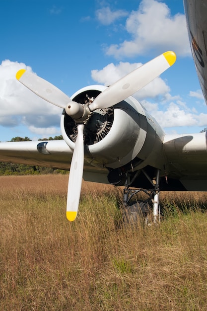 Vertical shot of the propeller of a plane landed on the dry grass