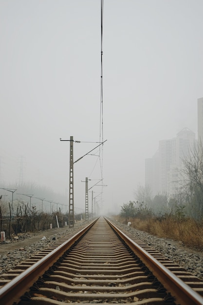 Vertical shot of railroad tracks under a cloudy sky