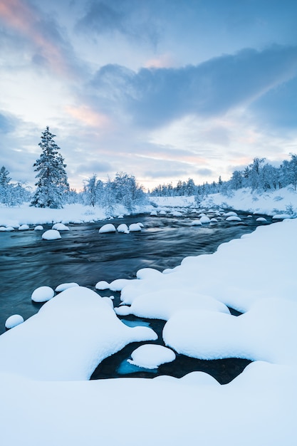 Free Photo vertical shot of a river with snow in it and a forest near covered with snow in winter in sweden