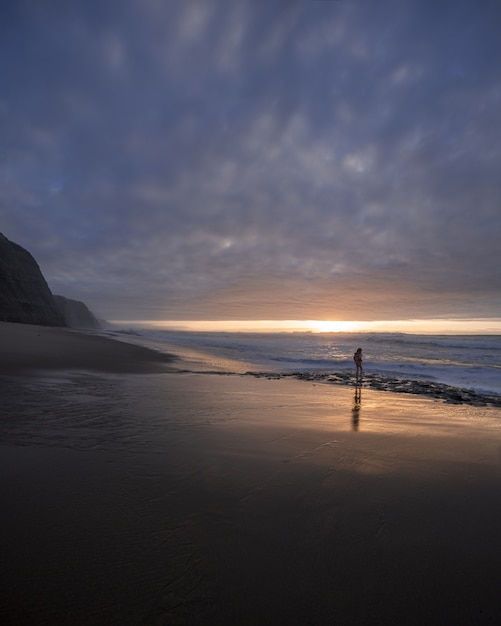 Free photo vertical shot of the seashore on a beautiful sunset with a young boy walking on the sealine