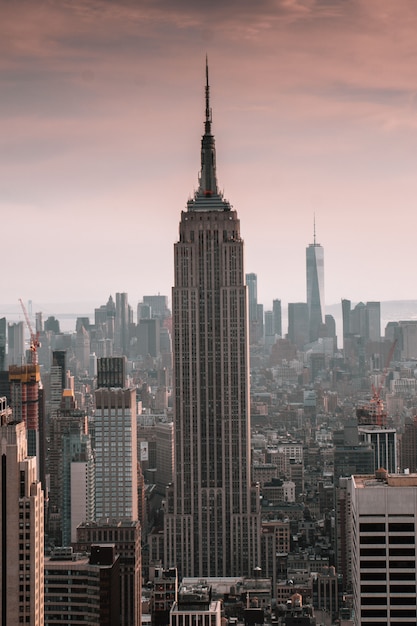 Vertical shot of a skyscraper surrounded by city buildings with a beautiful sky