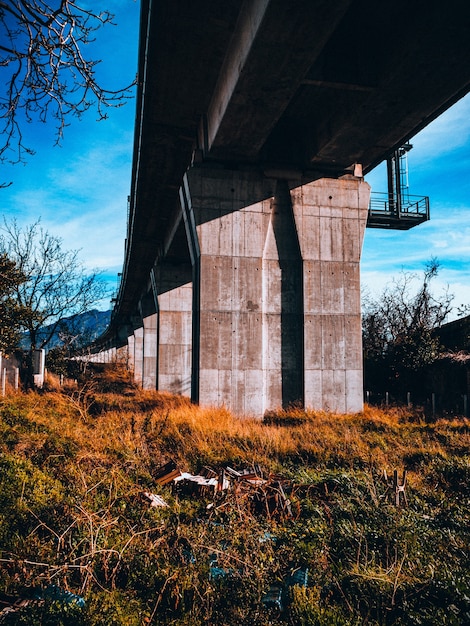 Free photo vertical shot of a stone bridge and a field of green and yellow grass under it