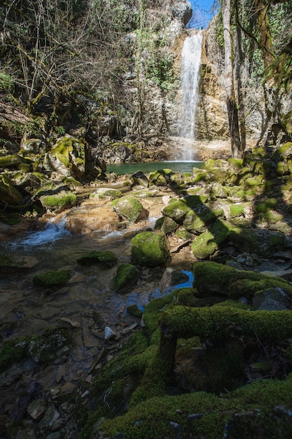 Free photo vertical shot of stones covered with moss in a lake under the waterfall butori in istria, croatia