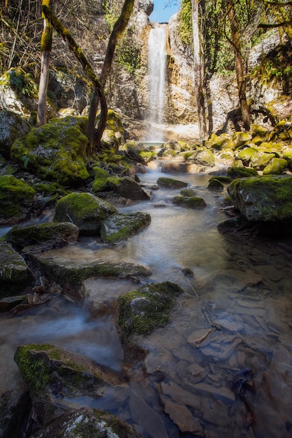 Free photo vertical shot of stones covered with moss in a lake under the waterfall butori in istria, croatia