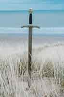 Free photo vertical shot of a sword in the beach during daytime