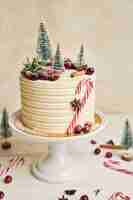 Free photo vertical shot of a tasty christmas cake with candy stick and fir trees