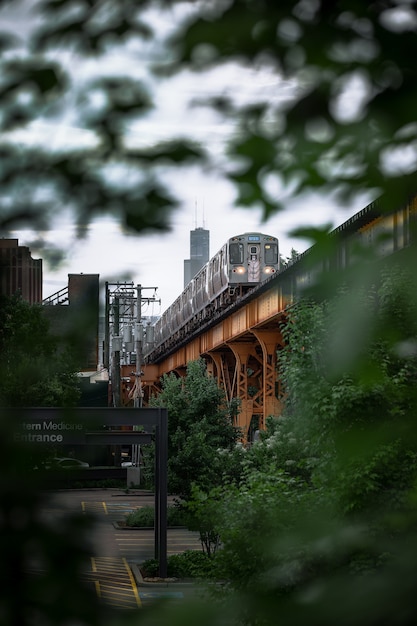 Free photo vertical shot of a train on the bridge