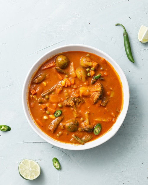 Free photo vertical shot of vegetable curry with cauliflower, beans, corn, spicy pepper and lime