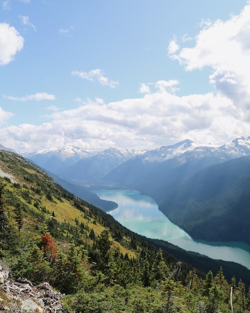 Vertical shot of Whistler mountains with a river flowing between in British Columbia, Canada