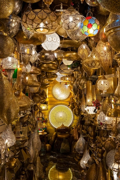 Free Photo vertical view of lighting shop in a market of marrakech