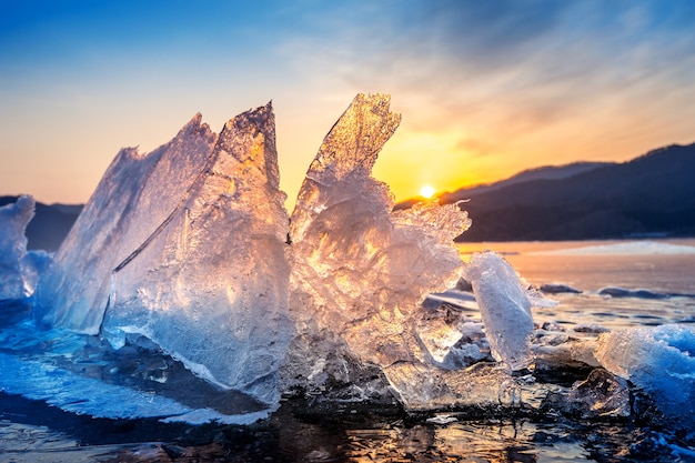 Very large and beautiful chunk of Ice at Sunrise in winter