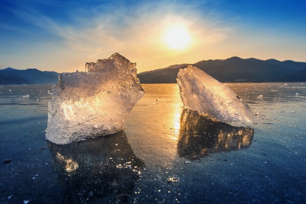 Very large and beautiful chunk of Ice at Sunrise in winter