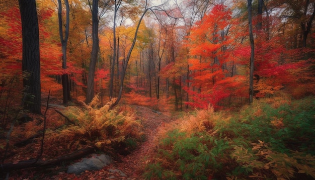 Vibrant autumn colors adorn tranquil rural scene generated by AI